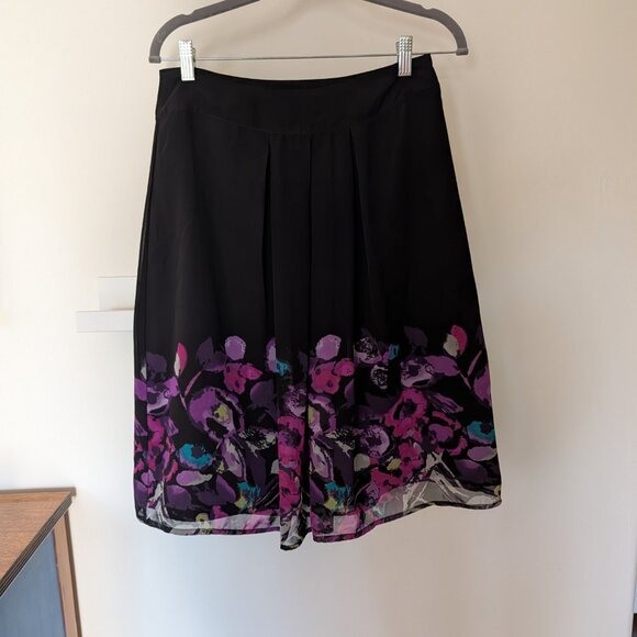 Women's Chiffon Lined Woven Black Pink Floral A-Line Skirt Sz 8 Medium EUC - Picture 4 of 8